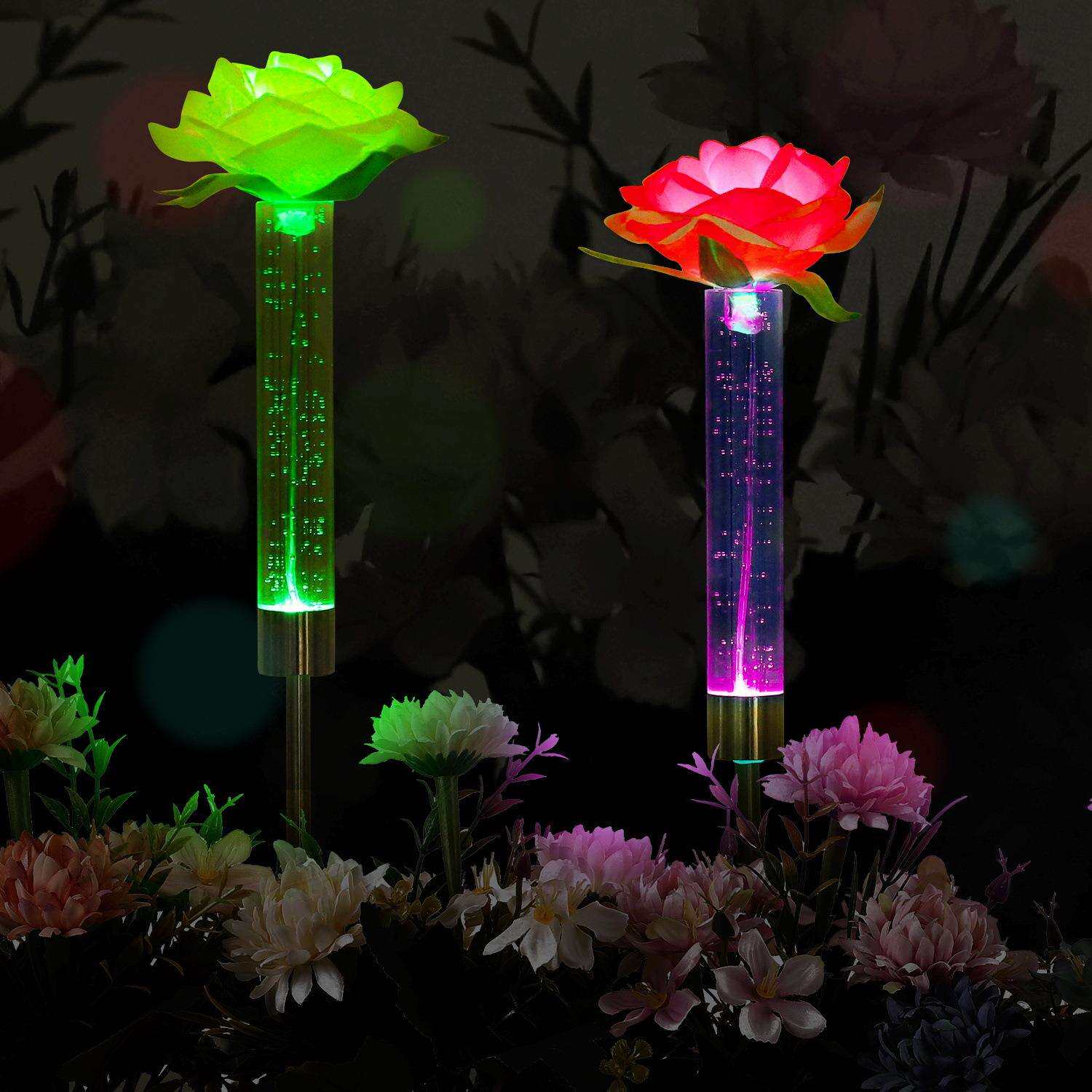 太阳能玫瑰花汽泡棒灯led彩色变色玫瑰花地插灯装饰草坪灯庭院灯