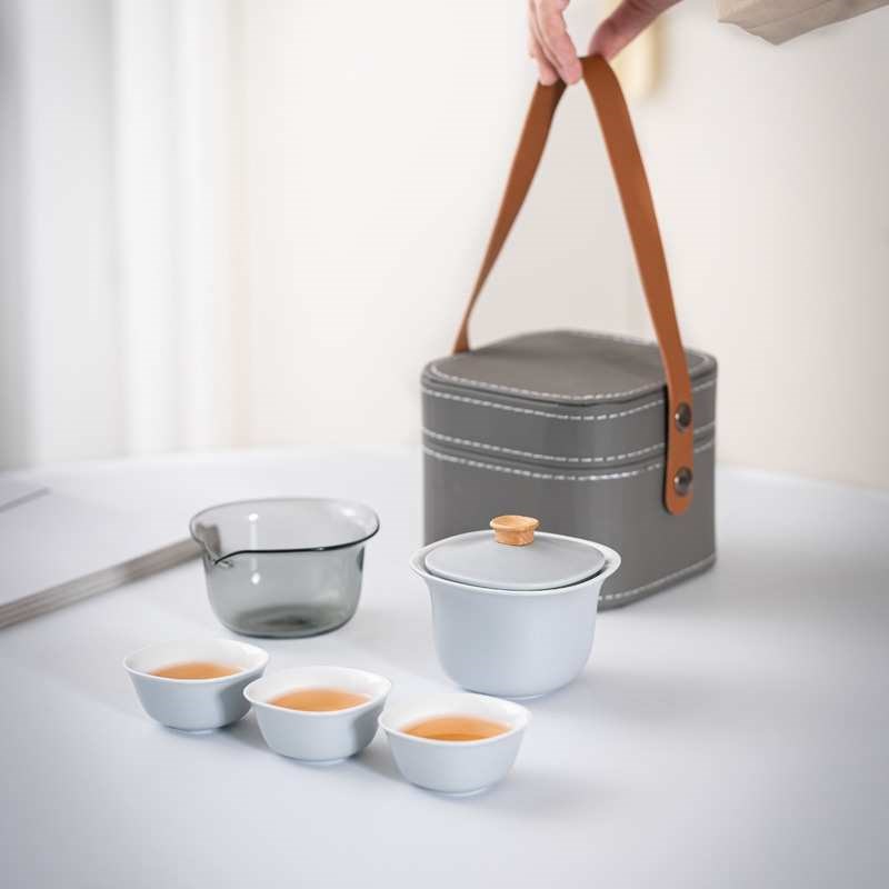 陶瓷快客杯一壶三杯旅行功夫茶具户外车载露营玻璃泡.茶杯收纳包