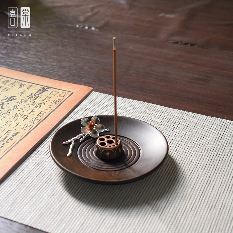 喜棠【檀a中花】黑檀实木线香炉超大号藏香插家用室内香座驱蚊香