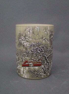 大清同治年制粉彩雪景笔筒家居仿古文房瓷器装饰摆件古董古玩收藏
