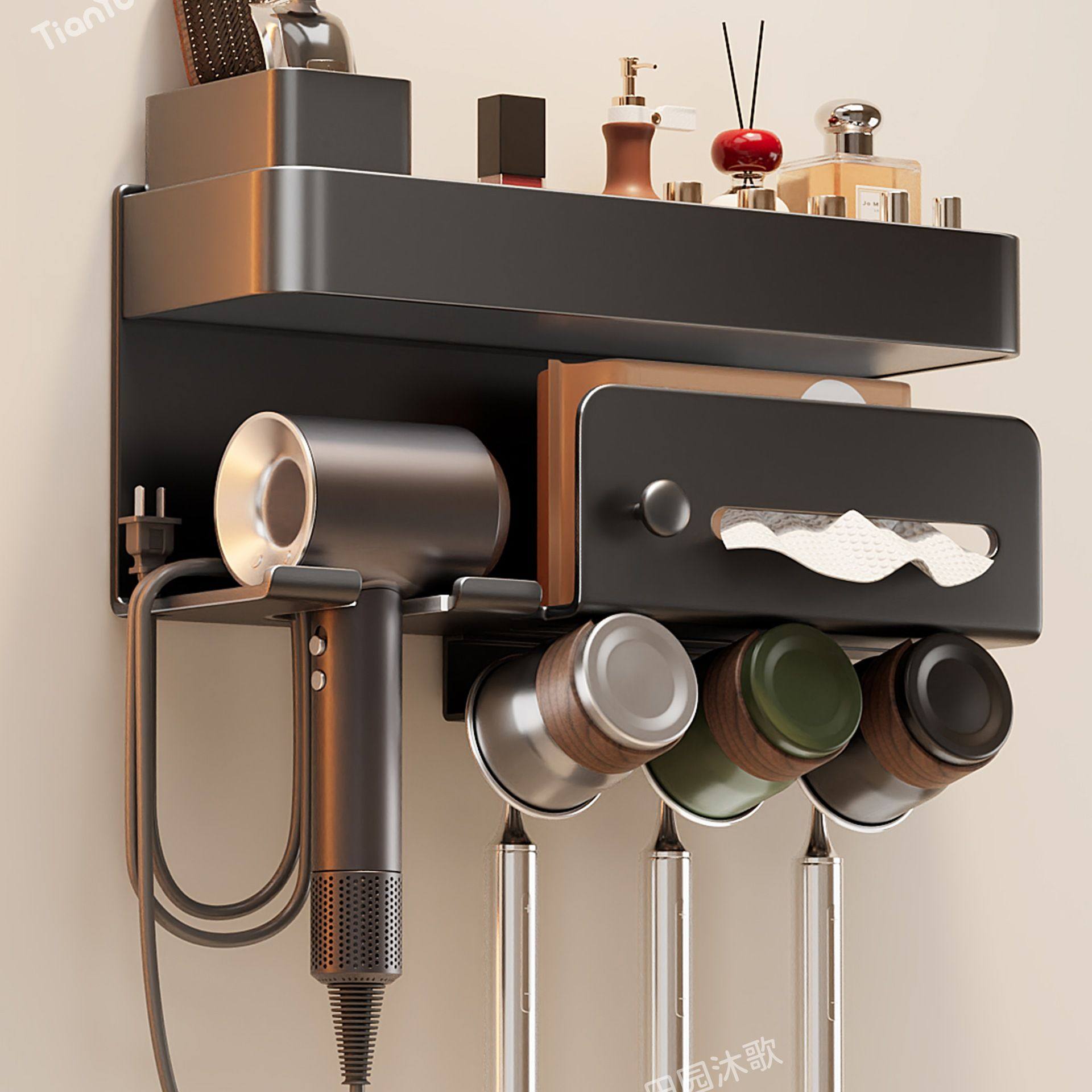 牙刷置物架壁挂式免打孔卫生间多功能吹风机一体不锈钢漱口杯挂架