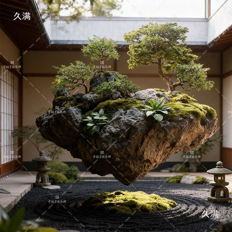 绿植假山石悬浮岛室内商业大型悬挂垂吊苔藓植物装饰景观造景