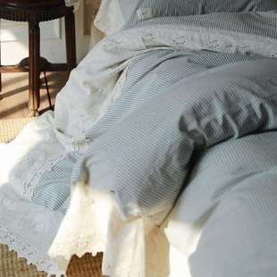 法式 1.8m床上用品 花边清新条纹蓝色系亲肤棉麻四件套柔软被套四季