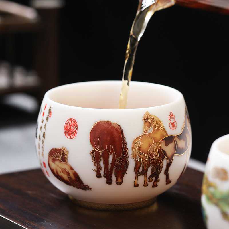 弘一羊脂玉年年有鱼白瓷茶杯八骏图品茗杯茶盏五虎临门主人杯单杯