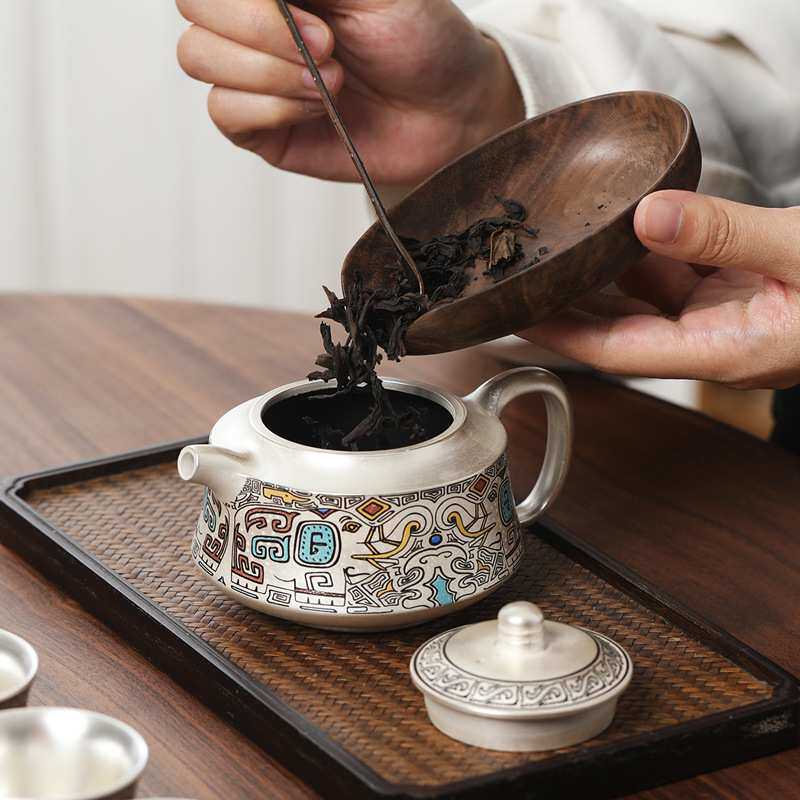 高档大师纯手工金银错侧把瓷鎏银茶壶银杯子一壶四杯功夫送礼茶具
