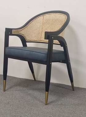 新中式简奢复古风格酒店餐厅售楼处样板间实木藤编靠背餐椅洽谈椅