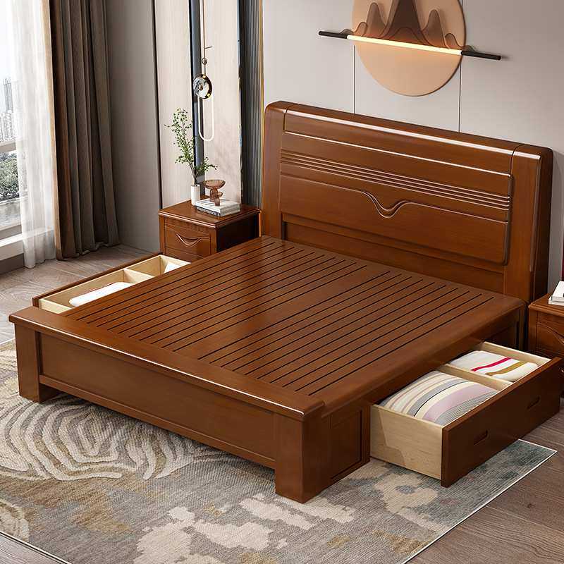 胡桃木实木床简约现代1.8m家用双人床新中式主卧高端大气储物婚床