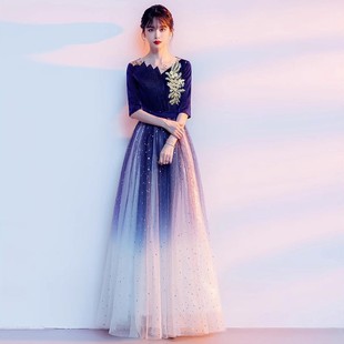 长裙红歌比赛服装红色新款学生朗诵主持人晚礼服大合唱团演出服女