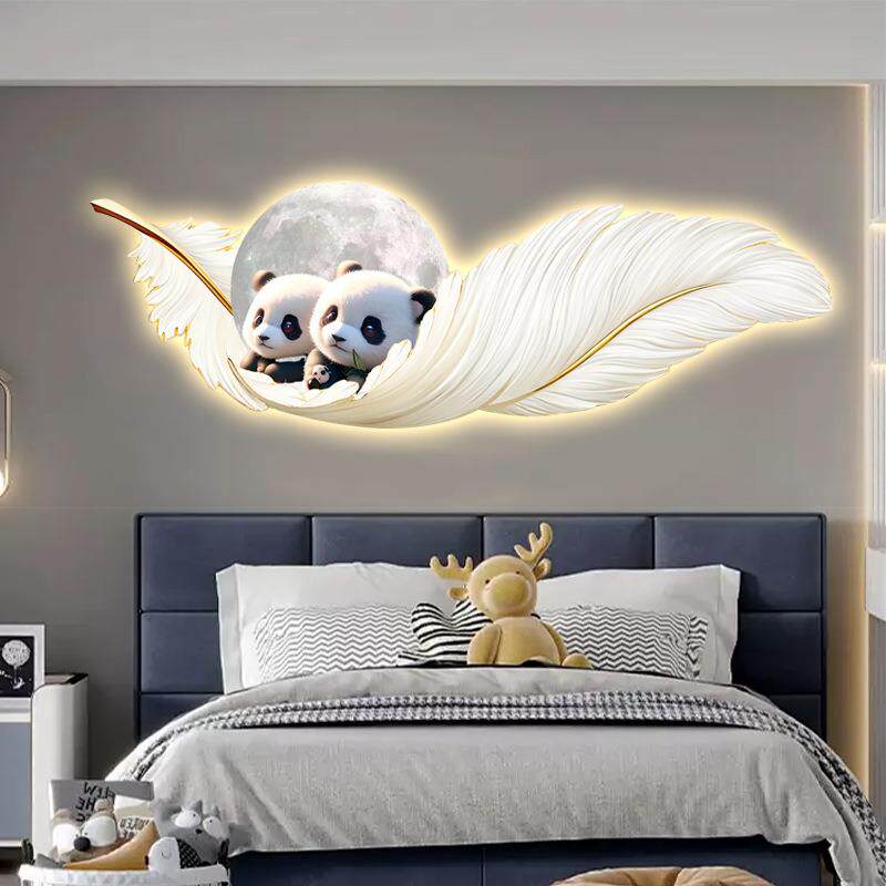 现代儿童房床头装饰画男孩房间发光灯画熊猫羽毛高级感卧室挂画
