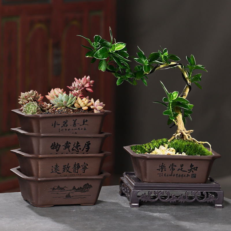 紫砂长方形马槽花盆阳台s多肉花盆带托盘盆景绿植花盆陶瓷花盆特