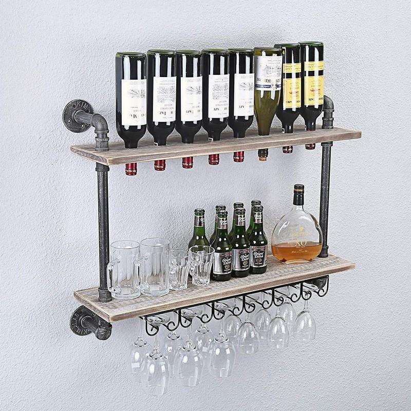 跨境temu壁挂红酒架悬挂酒杯架客厅厨房两层木板水管展示置物架