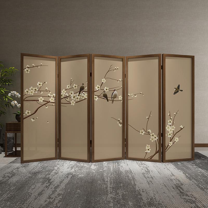 新中式花鸟屏风折叠移动玄关隔断装饰客厅酒店办公室实木折屏遮挡