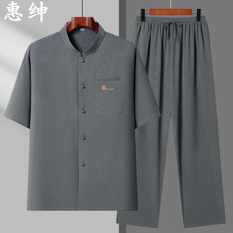 中老年唐装男爸爸夏装短袖衬衫爷爷中国风T恤2025新款中式套装男,男装,唐装,淘宝优惠券,粉丝福利购,淘宝优惠卷