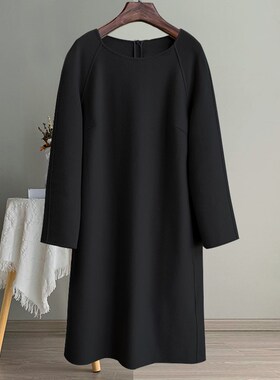 双面羊毛澳毛呢650g长袖连衣裙直筒插肩袖气质显瘦秋冬女装羊毛裙