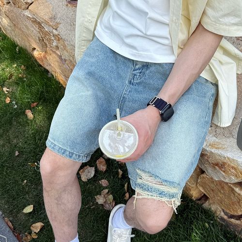 蓝色水洗做旧破洞牛仔短裤夏季2025新款男生五分裤子宽松休闲潮流