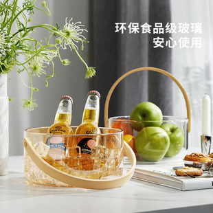 手提篮果盘玻璃水果篮客厅家用茶几轻奢高档高颜值红啤酒香槟冰桶