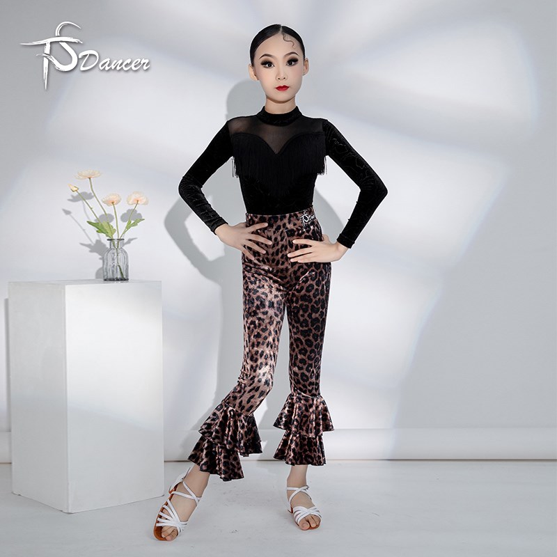 拉丁舞裤子女儿童秋冬练功服豹纹长袖高级版表演服高腰显瘦舞蹈裤