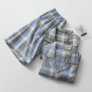 文艺范格子睡衣男短袖短裤水洗纯棉布日系开衫夏季家居休闲服薄款