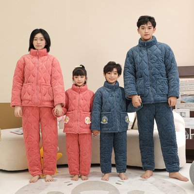 儿童睡衣法兰绒三层夹棉加厚牛奶绒冬季男童加厚款女Y童加绒家居