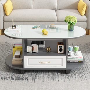 纯白茶几客厅家用可以移动圆形茶桌钢化玻璃经济家用型简易小茶几