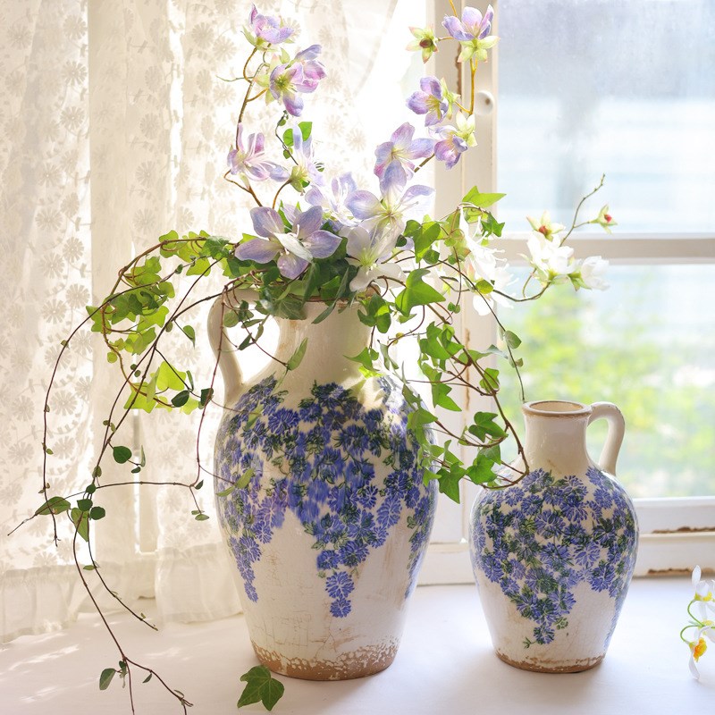 青花瓷花复古陶瓷花做旧冰裂纹花水H培花器家居装饰网红摆件