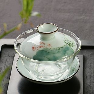 陶瓷手绘盖碗耐热玻璃三才碗功夫茶具茶碗敬茶杯茶道泡茶器套装厂