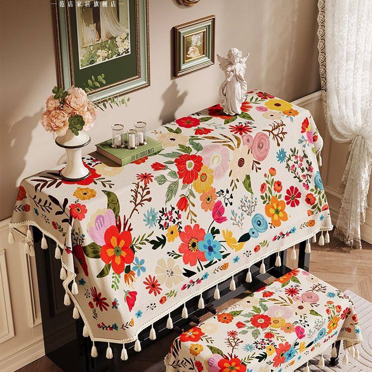 美式油画钢琴防尘罩套电子琴全罩盖布琴凳琴键三件套蓝色花边盖巾