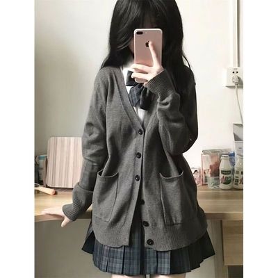 甜美学院风纯色毛衣女校供感百搭宽松长袖v领针织开衫jk套装