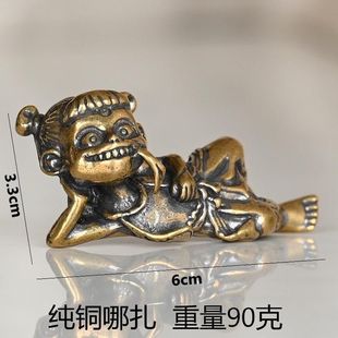 仿古纯铜哪吒茶宠摆件三太子实心黄铜实心书房镇纸笔办公桌面笔搁
