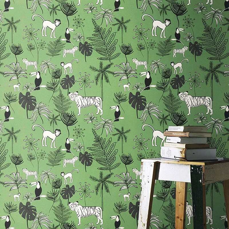 欧式卡通简笔壁纸壁布 动植物老A虎猴子森林 客厅书房卧室背景墙