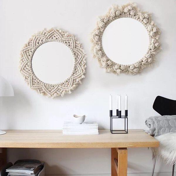 挂毯化妆镜北欧镜软装卧室民宿客厅玄关梳妆镜挂镜子手工编织墙饰