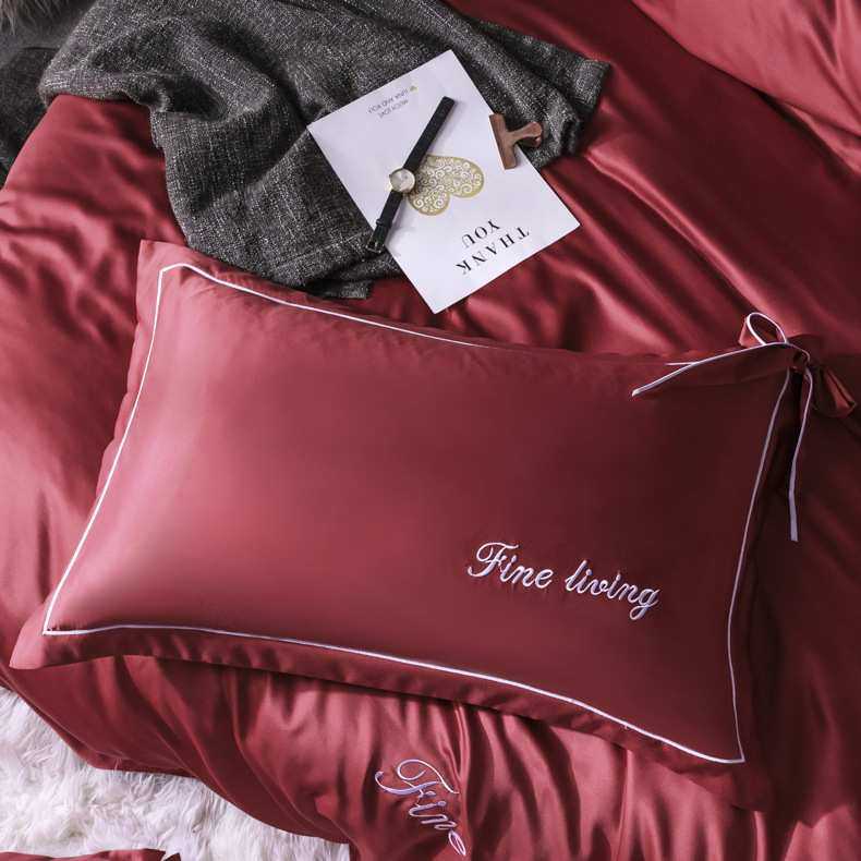 双面水洗真丝四件套纯色被套1.51.8床笠款家纺床品刺绣蝴蝶结套