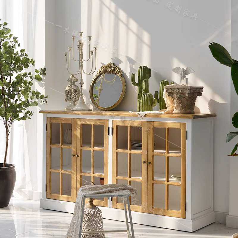 美式轻奢实木餐边柜客厅简约中古风四门收纳装饰柜法式复古玄关柜