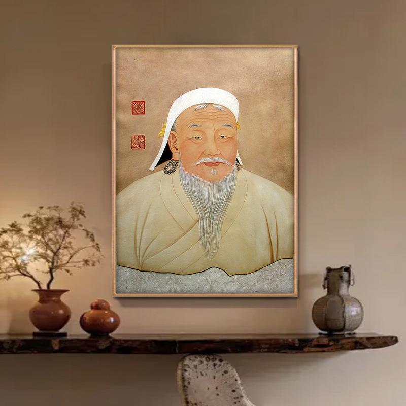 元太祖成吉思汗像挂画蒙古餐厅客厅玄关装饰画名人壁画皇帝画像竖