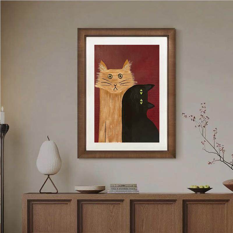 《橘猫与黑猫》法式复古猫咪手绘油画可爱趣味玄关装饰画中古挂画