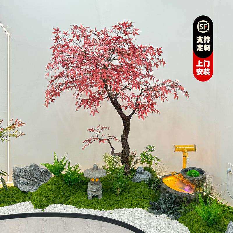 室内假树仿真树造景公司形象墙展厅绿植景观红枫假山流水花艺布置
