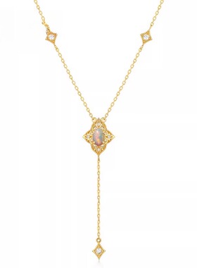 日韩轻奢复古花瓣蕾丝天然欧泊项链S925银镀9K黄金长款项饰