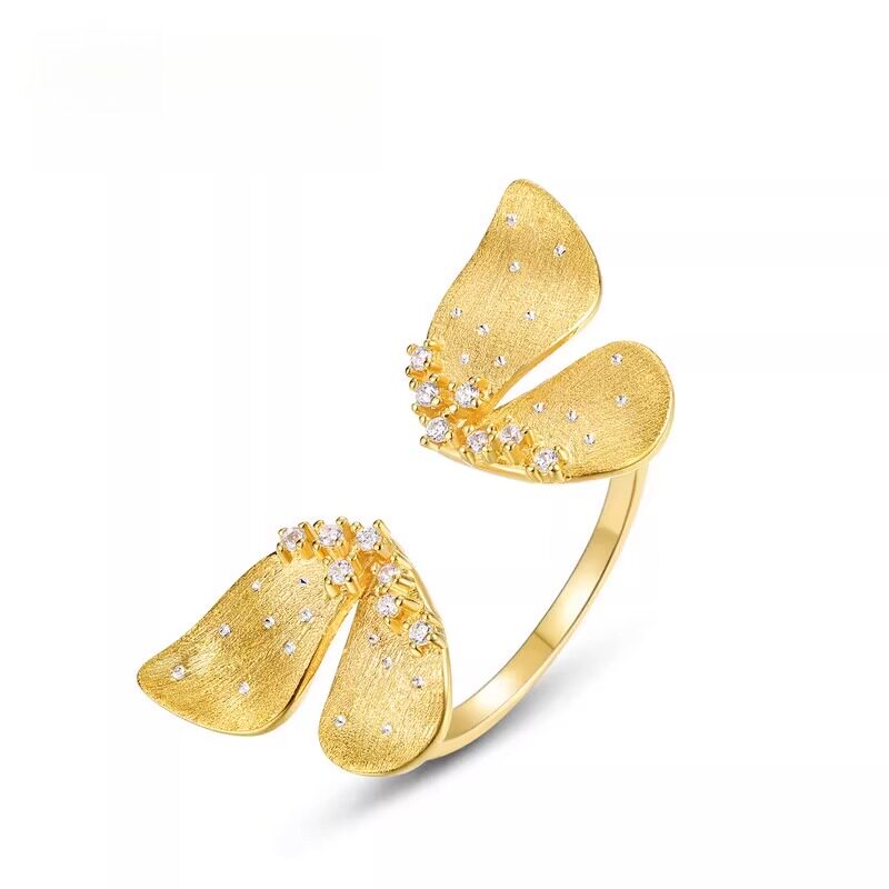 创意蝴蝶意大利拉丝戒指女S925银镀金戒指轻奢风手饰