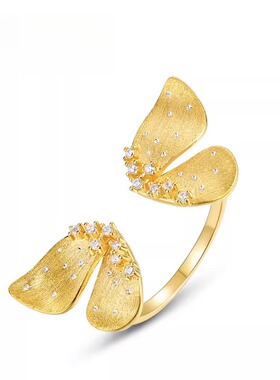 创意蝴蝶意大利拉丝戒指女S925银镀金戒指轻奢风手饰