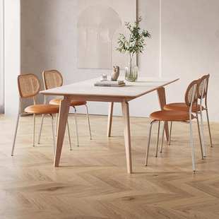 丹梵斯法式奶油风桌子家用长方形六人小户型全实木白蜡木岩板餐桌