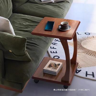 实木沙发边桌可移动边几床头带轮侧边柜客厅家用小户型C型小茶几