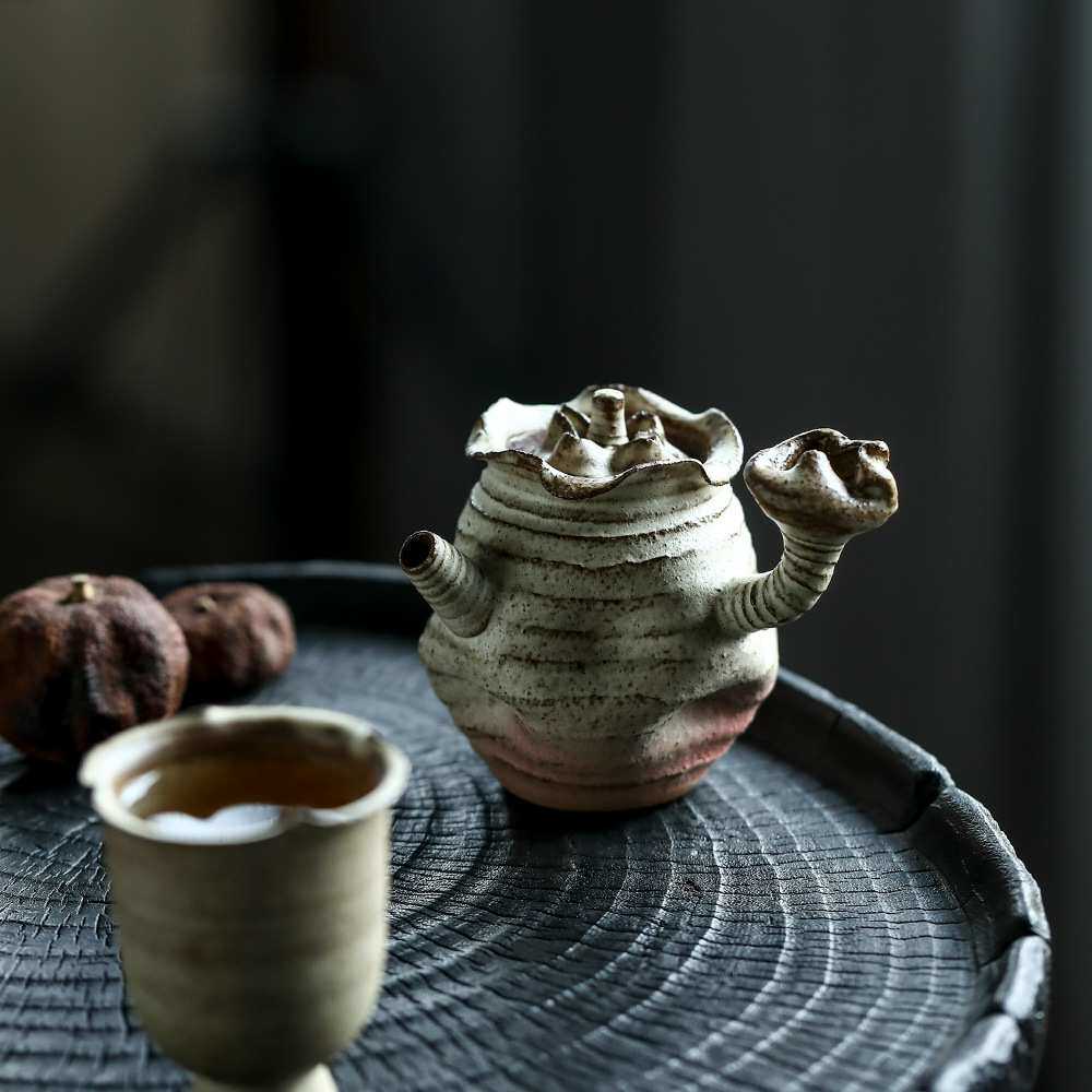 粉引紫砂莲花壶丨景德镇手工胚磨砂茶壶拉丝仿古中式茶具泡茶壶