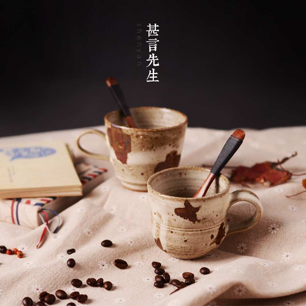 甚言手工手绘知性陶瓷咖啡杯碟 欧式简约咖啡杯创意带勺牛奶杯子