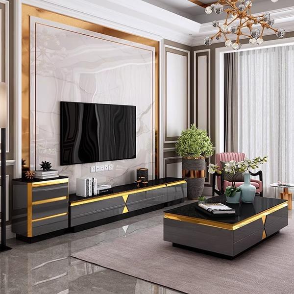 厂家直销轻奢简约北欧大小户型钢化玻璃长方形茶几电视柜组合套装