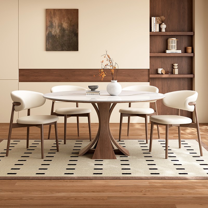 奶油风原b木岩板餐桌家用小户型圆形窈窕餐桌北欧极简实木吃饭桌