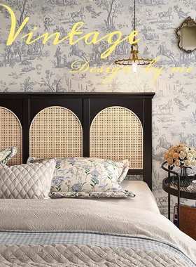 复古藤编床黑色法式实木床1.5米1.8米双人中古床民宿诧寂风