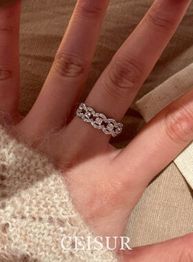 S925纯银蕾丝花边镶钻戒指女小众