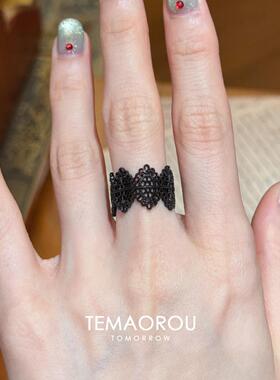 S925纯银黑蕾丝戒指小众设计轻奢