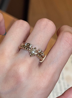 S925纯银中古咖啡金十字星戒指女