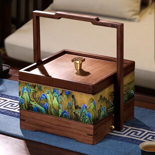 新中式果盒家用实木果盘茶u点糖果收纳客厅千里江山干果手提摆放